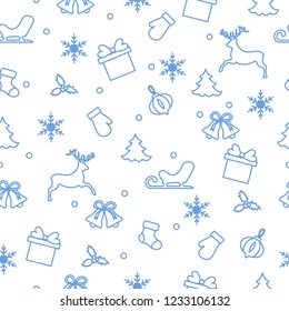 Happy New Year 2019 and Christmas seamless pattern. Winter illustration with mittens, sled, gift, snowflakes, deer, bell, Christmas sock, mistletoe, Christmas tree.