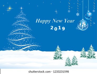   Happy New Year 2019 with a Christmas tree and balls with candles.