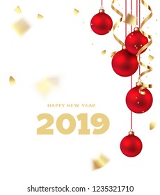 Happy New Year 2019. Christmas design template. Holiday white background with red balls and gold serpentine 