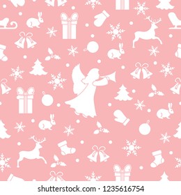 Happy New Year 2019 and Christmas seamless pattern. Winter illustration with angel, mittens, rabbit, sled, gift, snowflakes, deer, bell, Christmas sock, ball, mistletoe, Christmas tree.