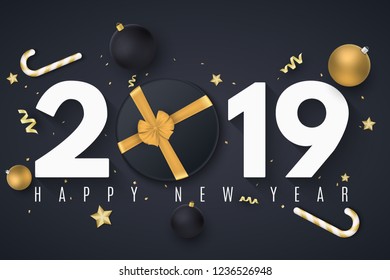 Happy new year 2019. Christmas golden balls. Gift box with tape. Confetti with serpentine. Golden stars and lollipops. Toys on the board. Web banner. Vector illustration. EPS 10