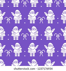 Happy New Year 2019 and Christmas seamless pattern. Vector illustration with Santa Claus, candy canes. Design for wrapping, fabric, print.