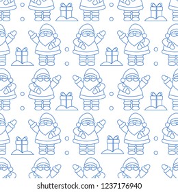 Happy New Year 2019 and Christmas seamless pattern. Vector illustration with Santa Claus, gifts . Design for wrapping, fabric, print.
