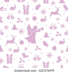 Happy New Year 2019 and Christmas seamless pattern. Winter illustration with angel, mittens, rabbit, sled, gift, snowflakes, deer, bell, Christmas sock, ball, mistletoe, Christmas tree.