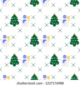 Happy New Year 2019 and Christmas vector illustration. Seamless pattern with decorated Christmas tree and snowman in hat with broom.