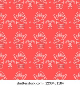 Happy New Year 2019 and Christmas seamless pattern. Vector illustration with Santa Claus, candy canes. Design for wrapping, fabric, print.