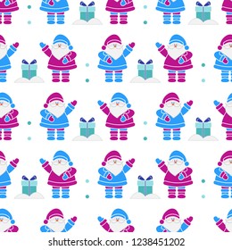 Happy New Year 2019 and Christmas seamless pattern. Vector illustration with Santa Claus, gifts . Design for wrapping, fabric, print.