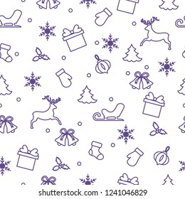 Happy New Year 2019 and Christmas seamless pattern. Winter illustration with mittens, sled, gift, snowflakes, deer, bell, Christmas sock, mistletoe, Christmas tree.