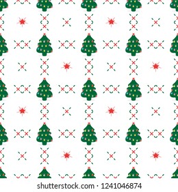 Happy New Year 2019 and Christmas vector illustration. Seamless pattern with decorated Christmas tree.