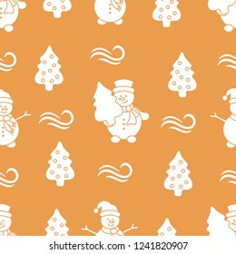 Happy New Year 2019 and Christmas seamless pattern. Vector illustration with snowman and Christmas tree. Design for wrapping, fabric, print.