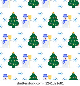 Happy New Year 2019 and Christmas vector illustration. Seamless pattern with decorated Christmas tree and snowman in hat with broom.