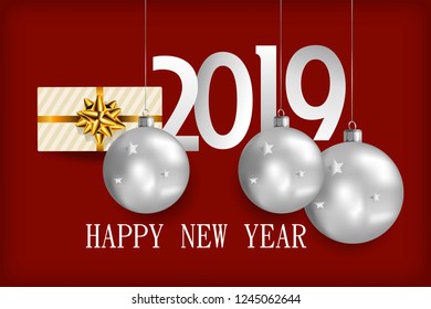 Happy New Year 2019 Christmas background with numbers and silver balls on red background
