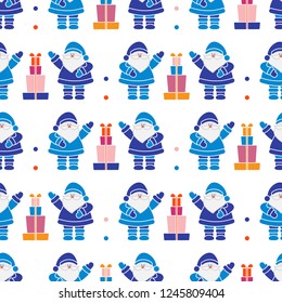 Happy New Year 2019 and Christmas seamless pattern. Vector illustration with Santa Claus, gifts . Design for wrapping, fabric, print.