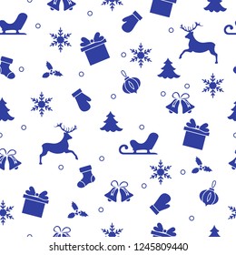 Happy New Year 2019 and Christmas seamless pattern. Winter illustration with mittens, sled, gift, snowflakes, deer, bell, Christmas sock, mistletoe, Christmas tree.