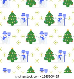 Happy New Year 2019 and Christmas vector illustration. Seamless pattern with decorated Christmas tree and snowman in hat with broom.