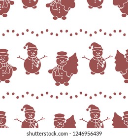 Happy New Year 2019 and Christmas seamless pattern. Vector illustration with snowman and Christmas tree. Design for wrapping, fabric, print.