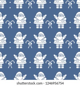 Happy New Year 2019 and Christmas seamless pattern. Vector illustration with Santa Claus, candy canes. Design for wrapping, fabric, print.