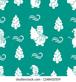Happy New Year 2019 and Christmas seamless pattern. Vector illustration with snowman and Christmas tree. Design for wrapping, fabric, print.