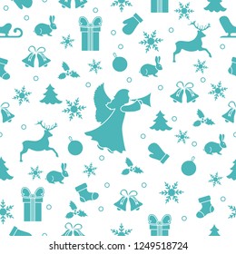 Happy New Year 2019 and Christmas seamless pattern. Winter illustration with angel, mittens, rabbit, sled, gift, snowflakes, deer, bell, Christmas sock, ball, mistletoe, Christmas tree.