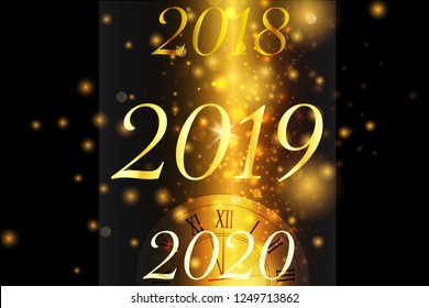 Happy New Year 2019. Christmas card. Background with glitter golden frame and space for text. Vector glitter decoration, golden dust. Merry Christmas and Happy New Year.
