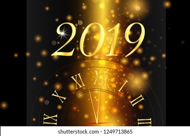 Happy New Year 2019. Christmas card. Background with glitter golden frame and space for text. Vector glitter decoration, golden dust. Merry Christmas and Happy New Year.
