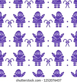 Happy New Year 2019 and Christmas seamless pattern. Vector illustration with Santa Claus, candy canes. Design for wrapping, fabric, print.
