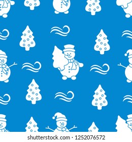 Happy New Year 2019 and Christmas seamless pattern. Vector illustration with snowman and Christmas tree. Design for wrapping, fabric, print.