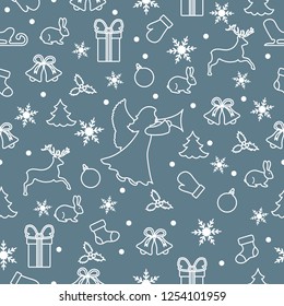 Happy New Year 2019 and Christmas seamless pattern. Winter illustration with angel, mittens, rabbit, sled, gift, snowflakes, deer, bell, Christmas sock, ball, mistletoe, Christmas tree.