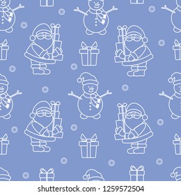 Happy New Year 2019 and Christmas seamless pattern. Vector illustration with Santa Claus, snowman, gifts. Design for wrapping, fabric, print.