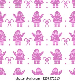 Happy New Year 2019 and Christmas seamless pattern. Vector illustration with Santa Claus, candy canes. Design for wrapping, fabric, print.