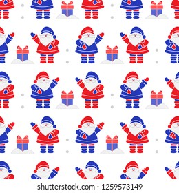 Happy New Year 2019 and Christmas seamless pattern. Vector illustration with Santa Claus, gifts . Design for wrapping, fabric, print.