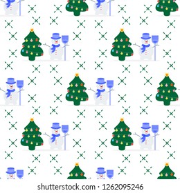 Happy New Year 2019 and Christmas vector illustration. Seamless pattern with decorated Christmas tree and snowman in hat with broom.