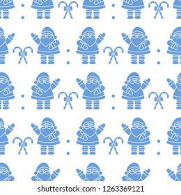 Happy New Year 2019 and Christmas seamless pattern. Vector illustration with Santa Claus, candy canes. Design for wrapping, fabric, print.