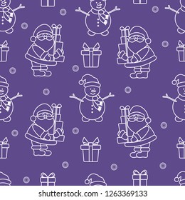 Happy New Year 2019 and Christmas seamless pattern. Vector illustration with Santa Claus, snowman, gifts. Design for wrapping, fabric, print.