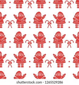Happy New Year 2019 and Christmas seamless pattern. Vector illustration with Santa Claus, candy canes. Design for wrapping, fabric, print.