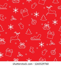 Happy New Year 2019 and Christmas seamless pattern. Winter illustration with mittens, sled, gift, snowflakes, deer, bell, Christmas sock, mistletoe, Christmas tree.