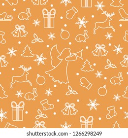 Happy New Year 2019 and Christmas seamless pattern. Winter illustration with angel, mittens, rabbit, sled, gift, snowflakes, deer, bell, Christmas sock, ball, mistletoe, Christmas tree.