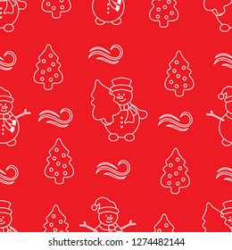 Happy New Year 2019 and Christmas seamless pattern. Vector illustration with snowman and Christmas tree. Design for wrapping, fabric, print.