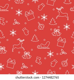 Happy New Year 2019 and Christmas seamless pattern. Winter illustration with mittens, sled, gift, snowflakes, deer, bell, Christmas sock, mistletoe, Christmas tree.