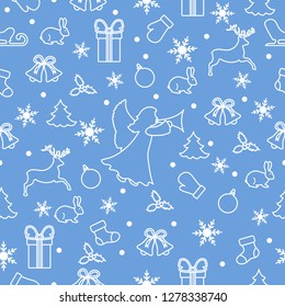 Happy New Year 2019 and Christmas seamless pattern. Winter illustration with angel, mittens, rabbit, sled, gift, snowflakes, deer, bell, Christmas sock, ball, mistletoe, Christmas tree.