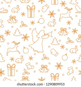 Happy New Year 2019 and Christmas seamless pattern. Winter illustration with angel, mittens, rabbit, sled, gift, snowflakes, deer, bell, Christmas sock, ball, mistletoe, Christmas tree.