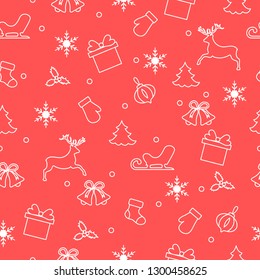 Happy New Year 2019 and Christmas seamless pattern. Winter illustration with mittens, sled, gift, snowflakes, deer, bell, Christmas sock, mistletoe, Christmas tree.