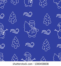 Happy New Year 2019 and Christmas seamless pattern. Vector illustration with snowman and Christmas tree. Design for wrapping, fabric, print.