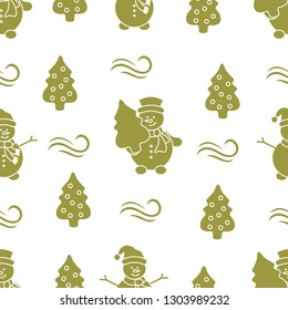 Happy New Year 2019 and Christmas seamless pattern. Vector illustration with snowman and Christmas tree. Design for wrapping, fabric, print.