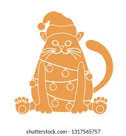 Happy New Year 2019 and Christmas vector illustration. Cat in a Christmas hat with a garland of light bulbs.