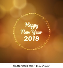 Happy new year 2019 in circle ring fireworks with glitter on abstract orange color background