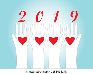 Happy New Year 2019 clip art vector illustration postcard background with abstract concepts of love, friendship, and unity