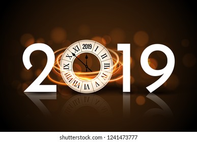 Happy new year 2019 clock with abstract bokeh vintage retro background for christmas.