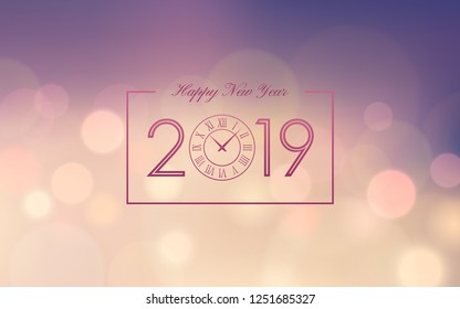 Happy new year 2019 and clock with abstract bokeh and lens flare pattern in vintage purple color background