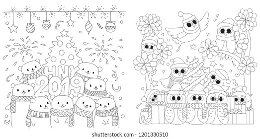 Happy New Year 2019 collection, the polar bears and cute owls in Christmas party design for printed tee,cards,invitation and coloring book page for kids.Vector illustration